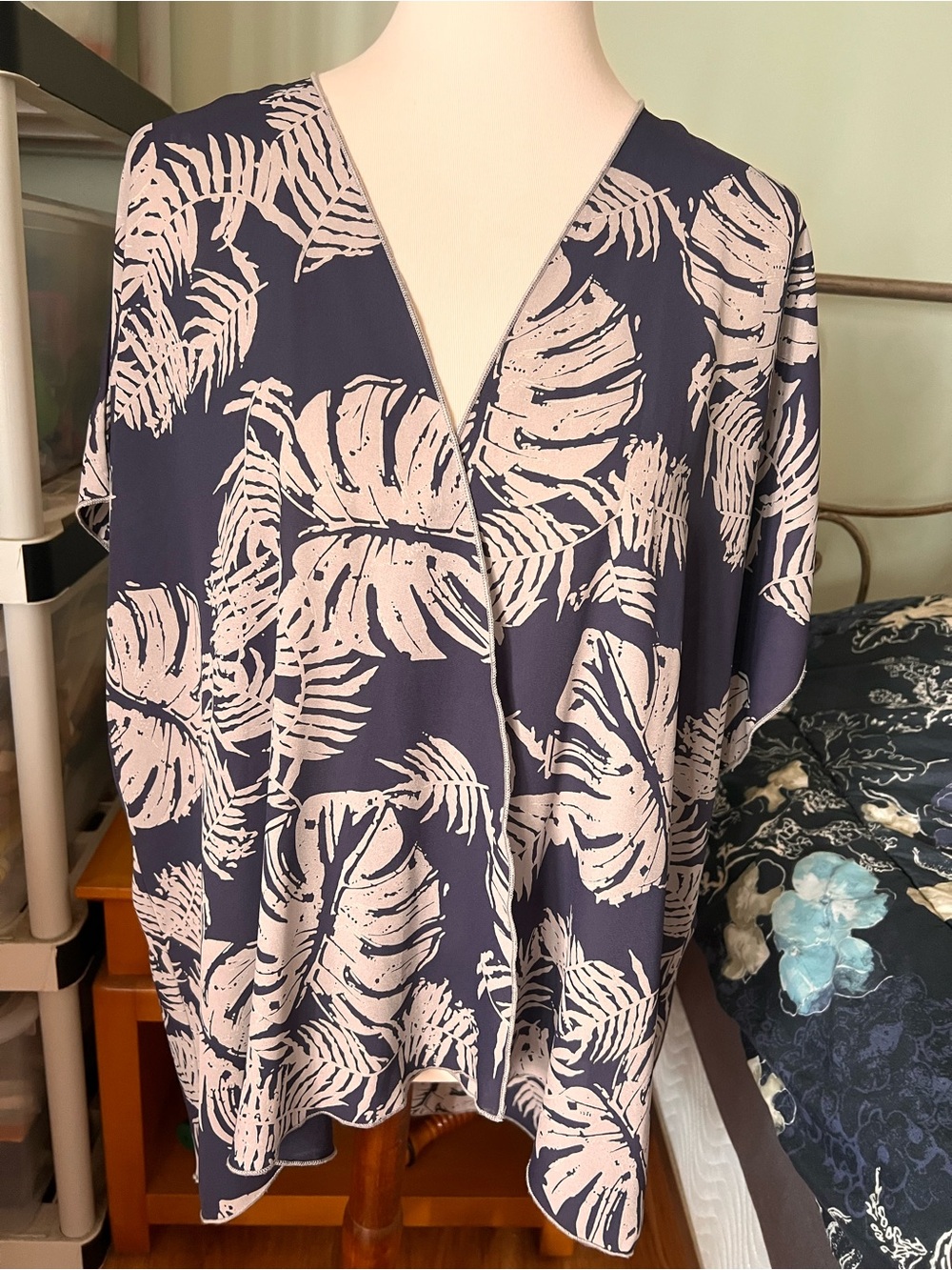 I Joah Navy Blue Tropical Leaf Print Wrap Cover Up Top